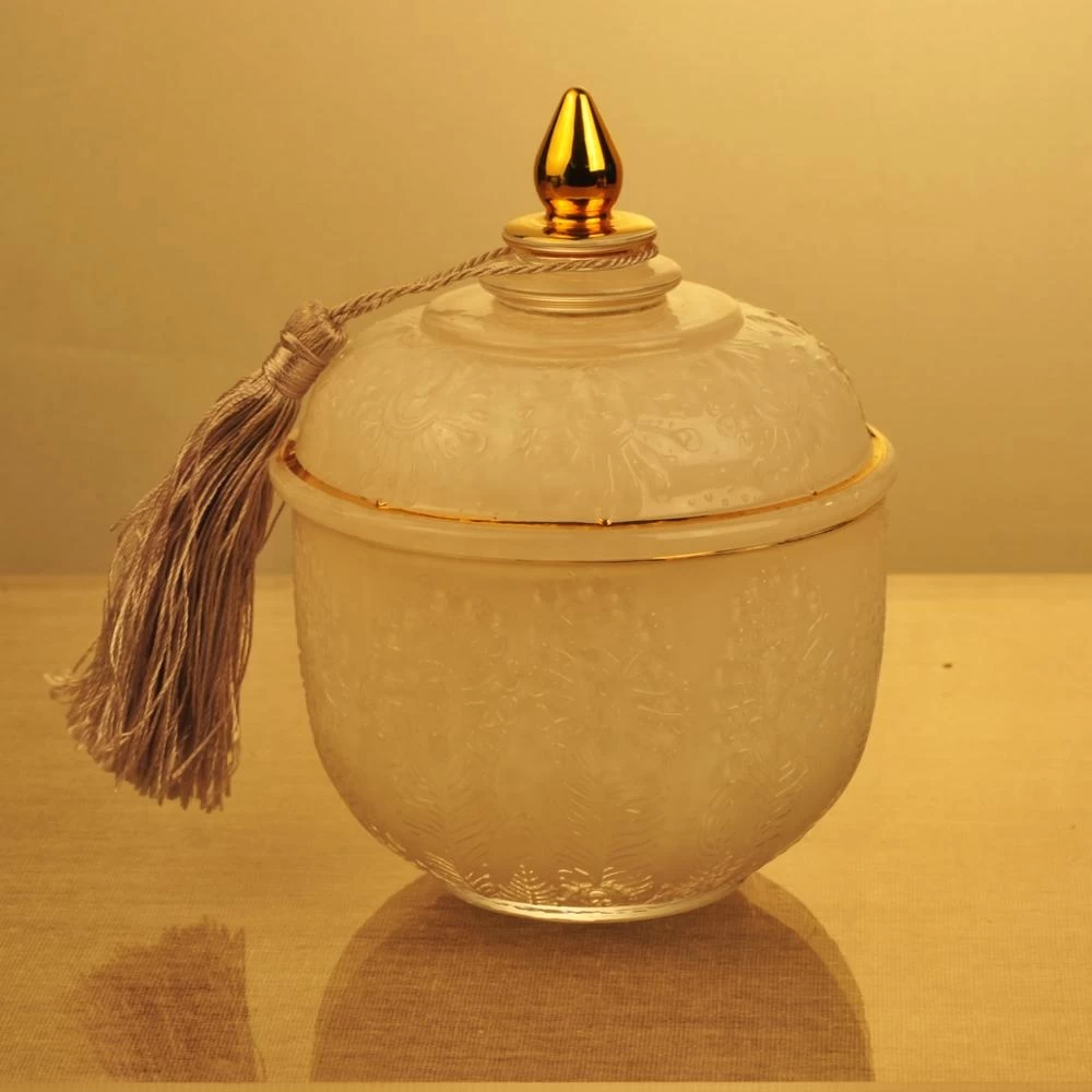 Sunny new design luxury tealight empty glass candle holder with tassel lid