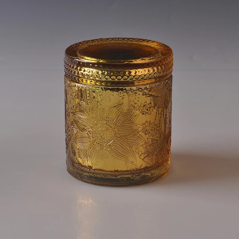 Wholesale high quality flower pattern glass candle jar with lid