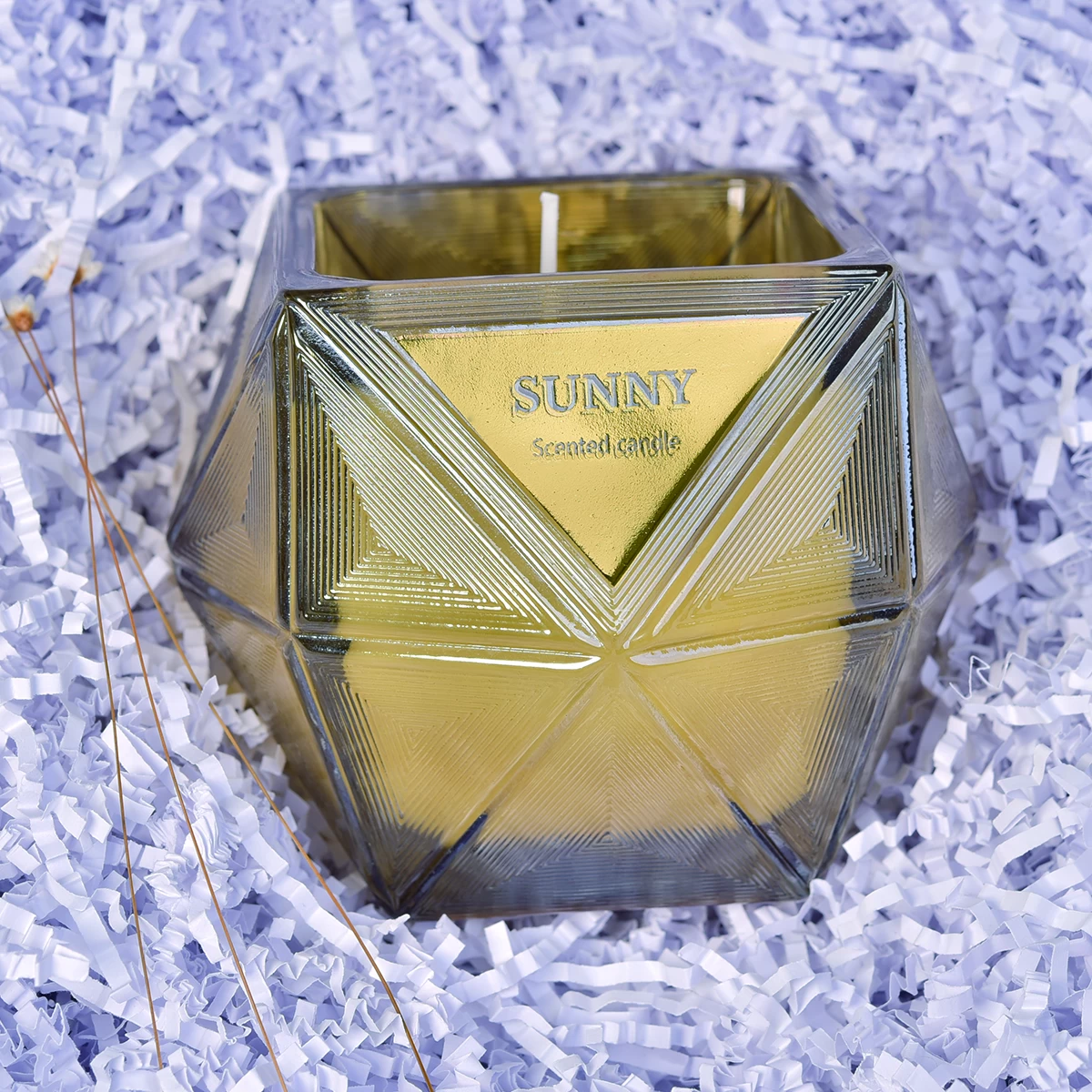 8oz Sunny scented Custom Hexagon colored glass candle jar