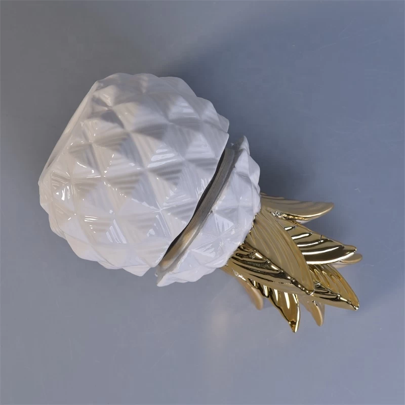 White Pineapple Ceramic Candle Jars With Gold Lids