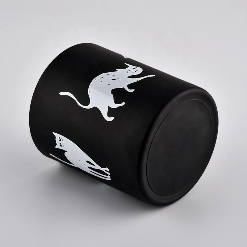 Matte Black Glass Cande Jar With White Pattern For Halloween for wholesale