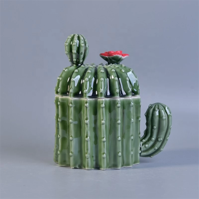 Green Cactus Shaped Ceramic Candle Container For Home Decoration