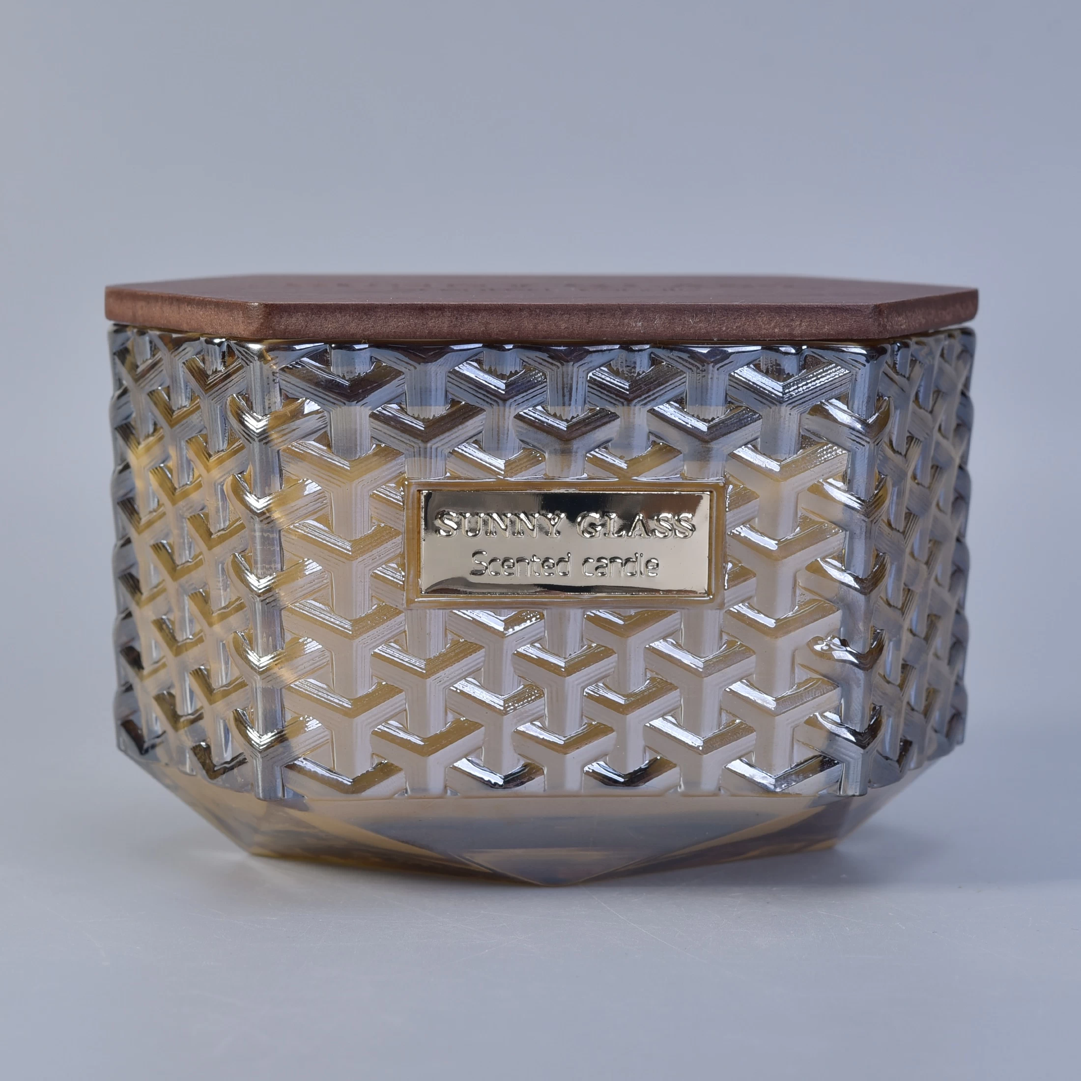 10oz 12oz Sunny woven decorative glass candle holder with wooden lids
