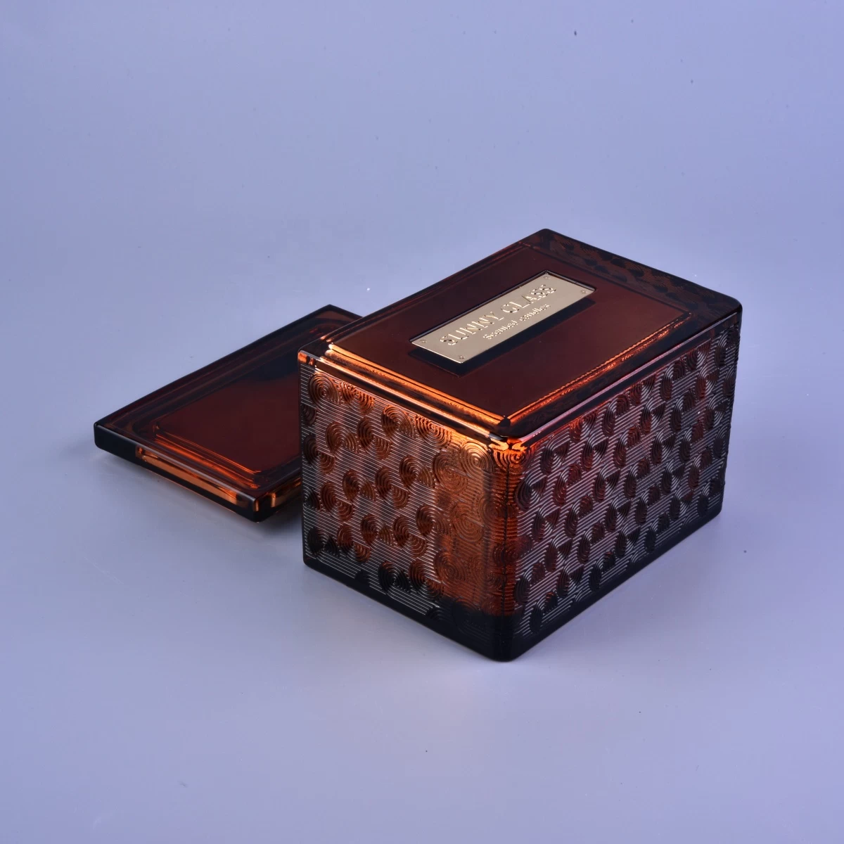 Home decoration square empty amber Glass Candle container with lid wholesales