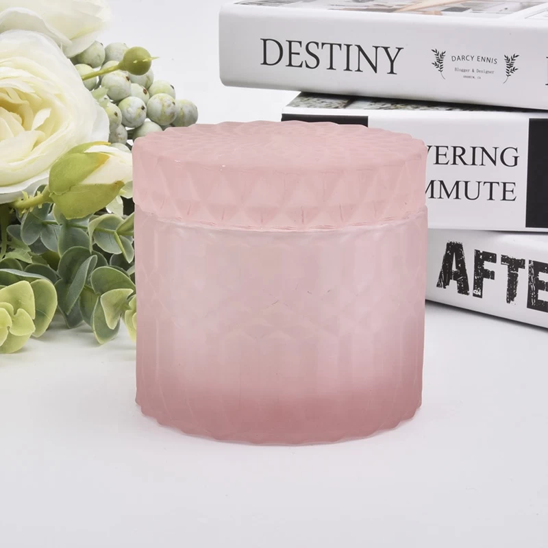 Wholesales 8 oz 12 oz luxury pink frosted glass candle holder with lid home decoration