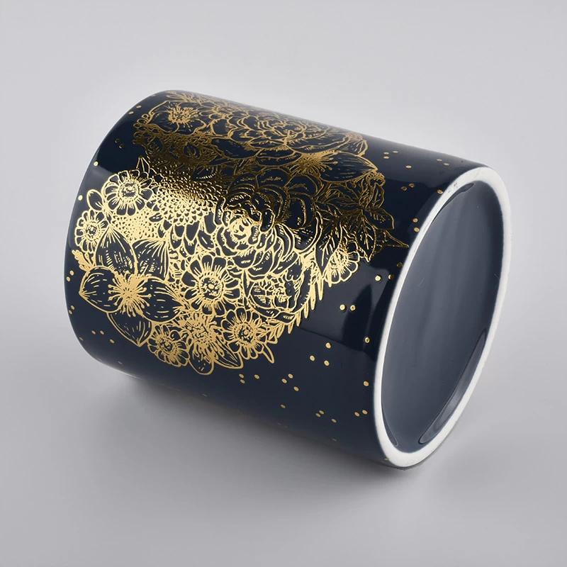 Black Glazing Candle Jar Ceramic With Gold Decoration