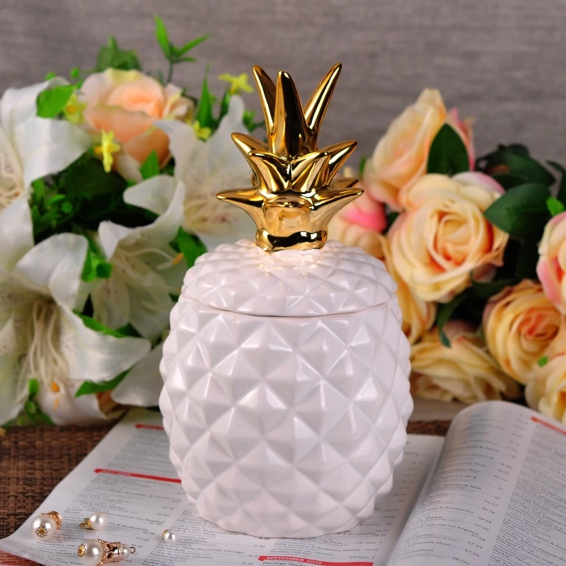 Home decoration white gold luxury pineapple ceramic candle jar with lids