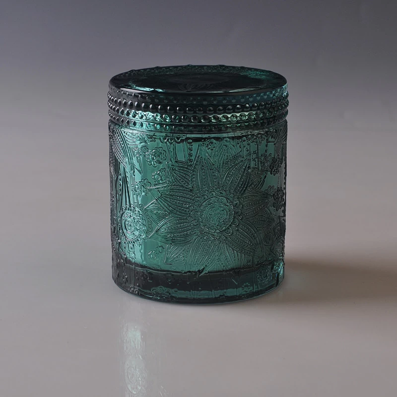 Wholesale high quality flower pattern glass candle jar with lid