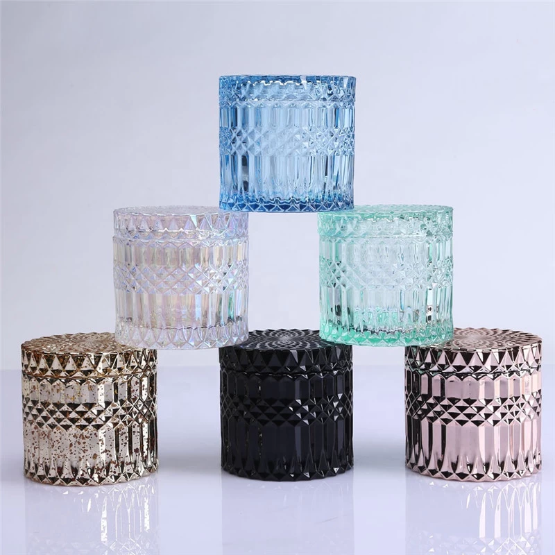Iridescent geo-cut glass candle jars with lids for wholesale