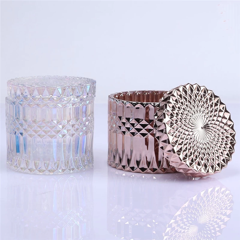 Iridescent geo-cut glass candle jars with lids for wholesale