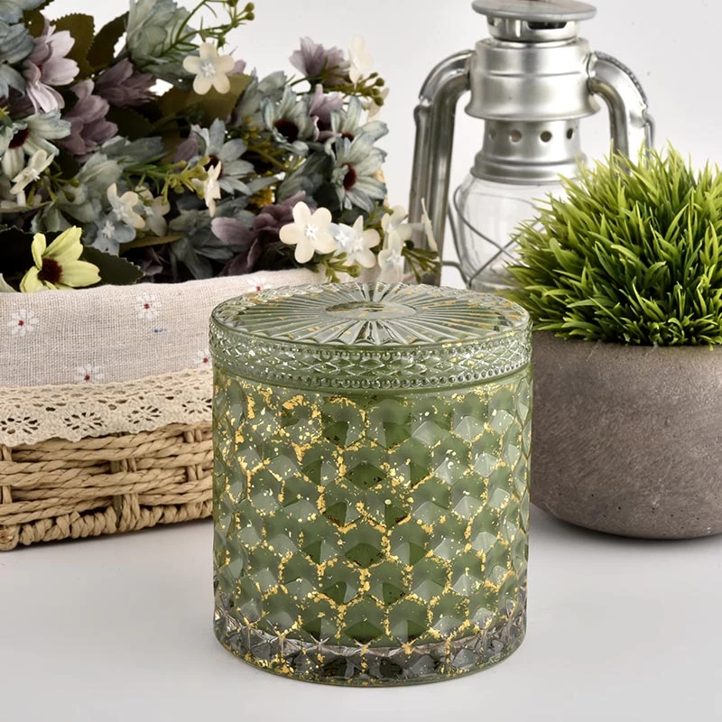 Luxury green empty glass candle jars with lid for wedding 440ml
