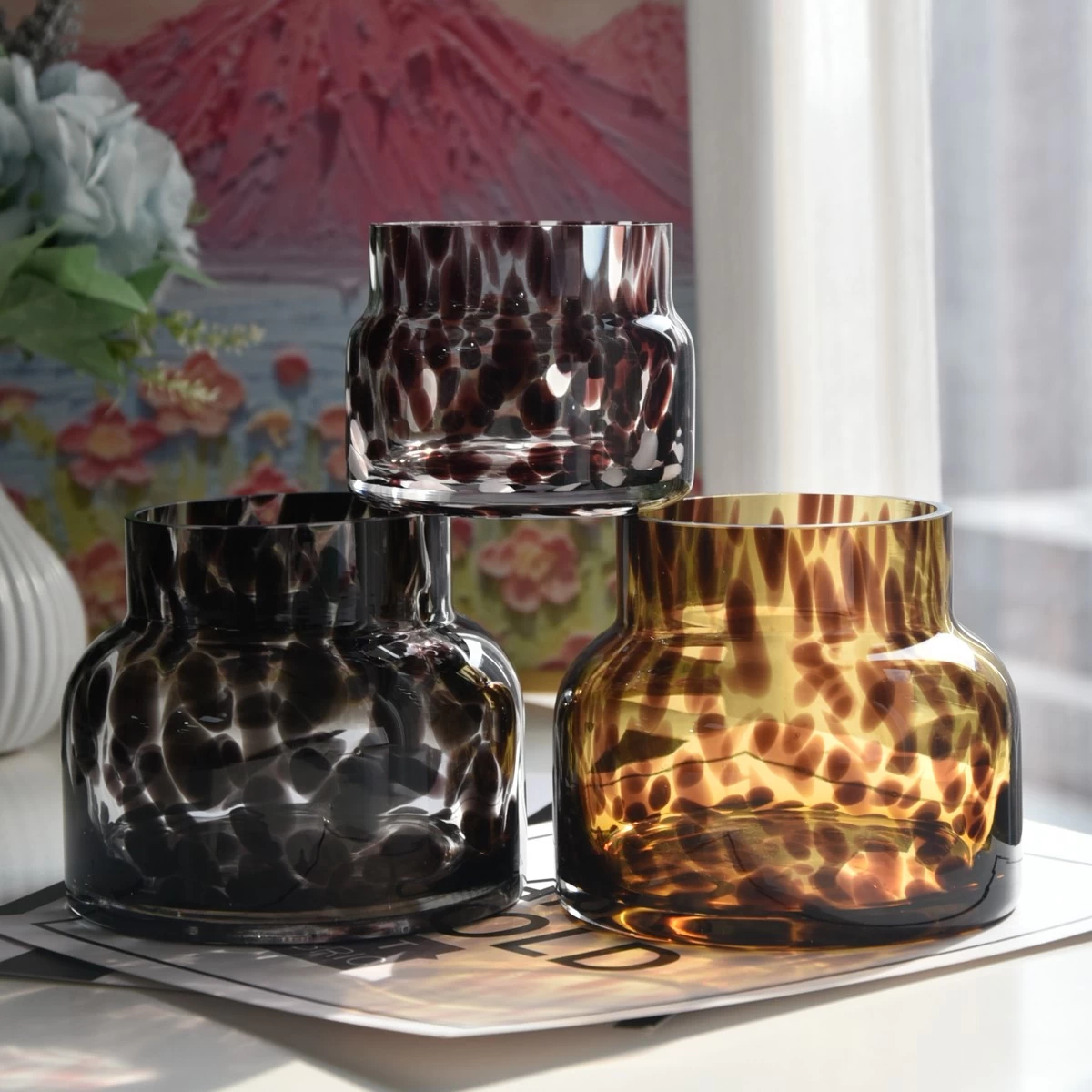714ml black spotted three-core glass candle jar