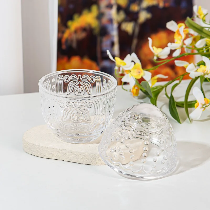 Creative Egg Shape Embossed Pattern Glass Container 286ml Candle Jar with Lid
