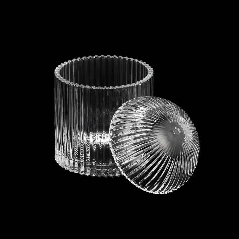 Popular Vertical Strip Design Glass Candle Vessel 17OZ Candle Holder with Round Lid