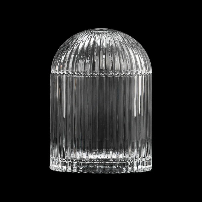 Popular Vertical Strip Design Glass Candle Vessel 17OZ Candle Holder with Round Lid