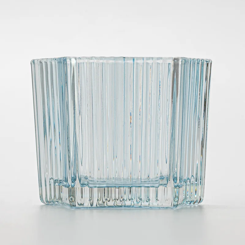 Popular Design Stripe Decor Light Blue Glass Candle Jar for Scented Candle
