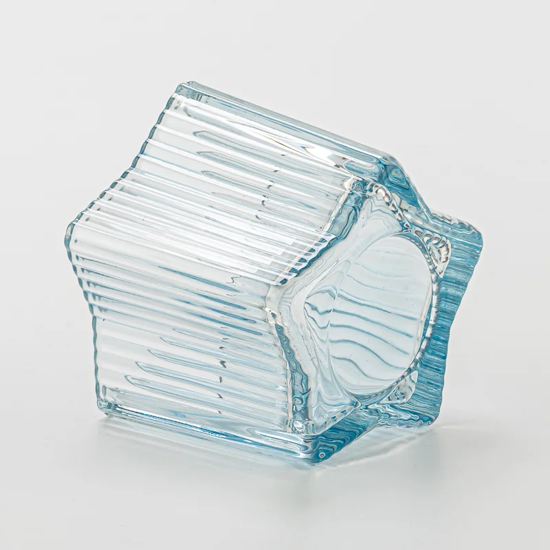 Popular Design Stripe Decor Light Blue Glass Candle Jar for Scented Candle