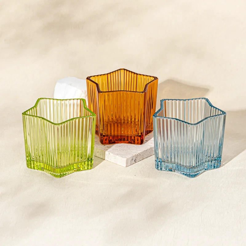 Popular Design Stripe Decor Light Blue Glass Candle Jar for Scented Candle