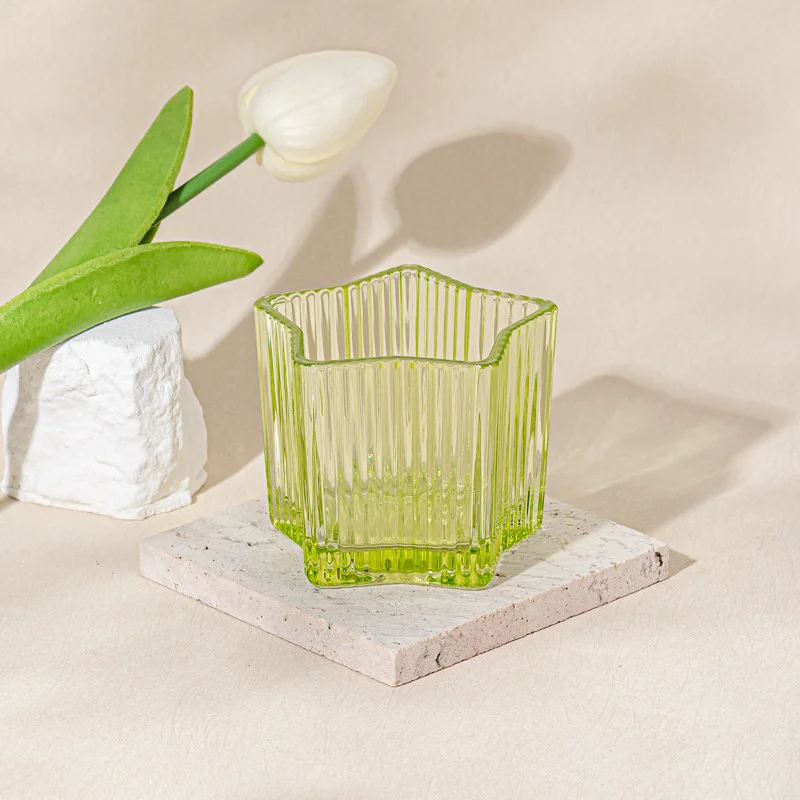 Modern Stripe Design Light Green Empty Glass Scented Candle Jar