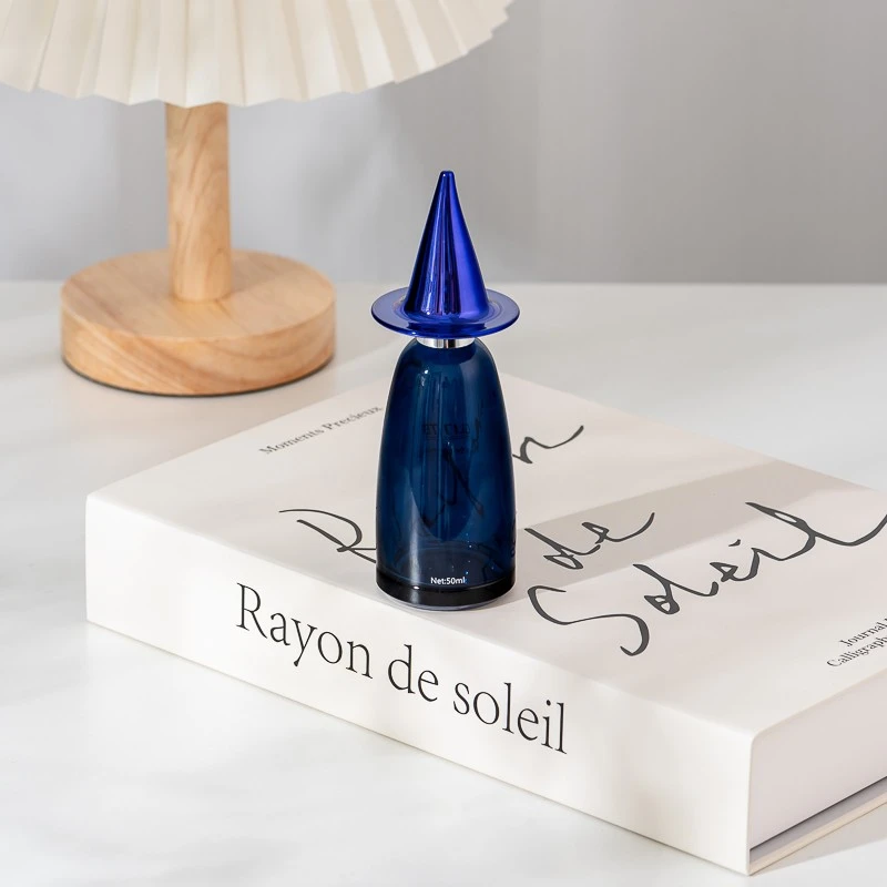 Custom Color 50ml Blue Glass Perfume Bottle with Creative Cap