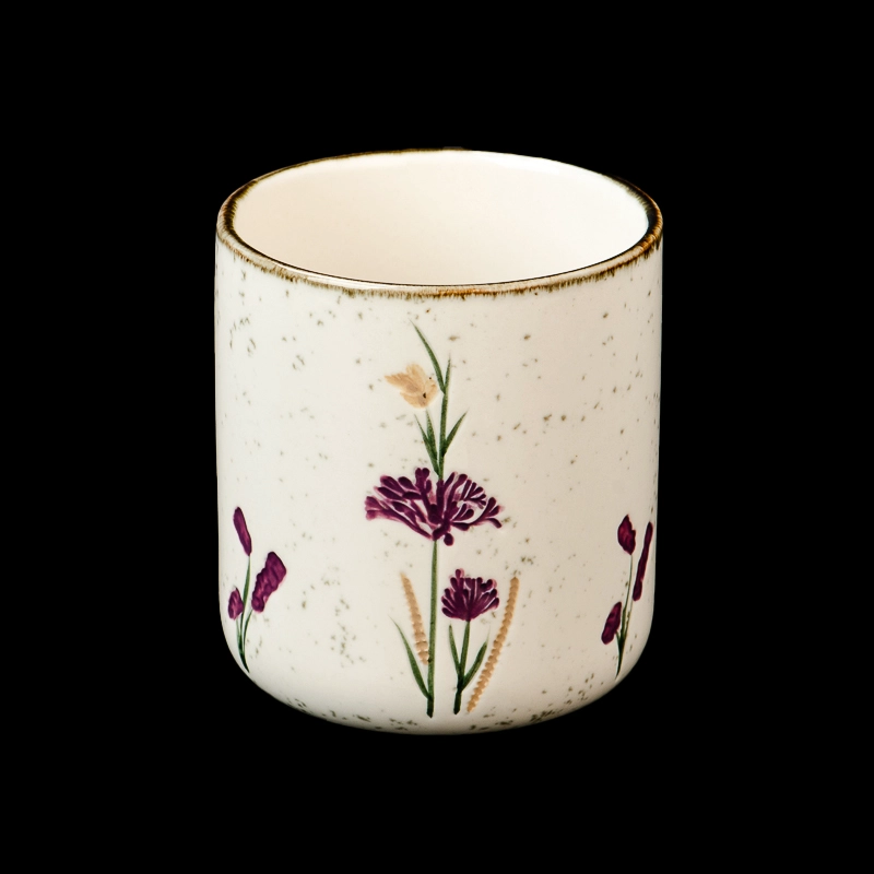 Flower Pattern Glazed Round Bottom 476ml Ceramic Candle Jar for Home Decor