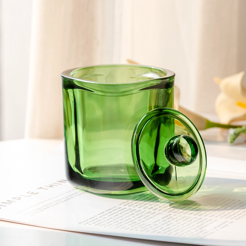 Elegant Transparent Green Glass Candle Jar with Matching Lid for Home Decor and Luxury Gift Use