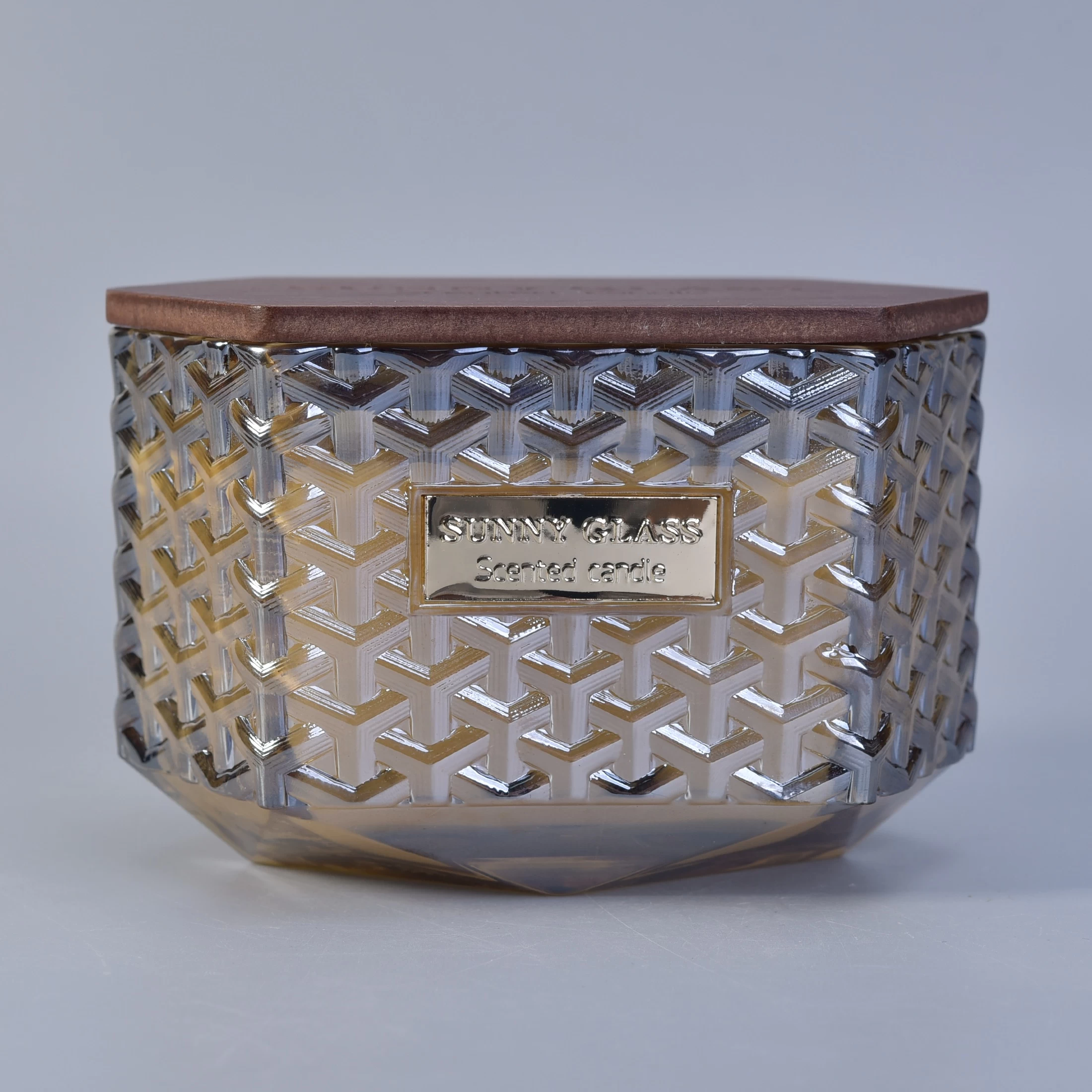 8oz 10oz luxury decorative gold woven glass candle jar with wood lid