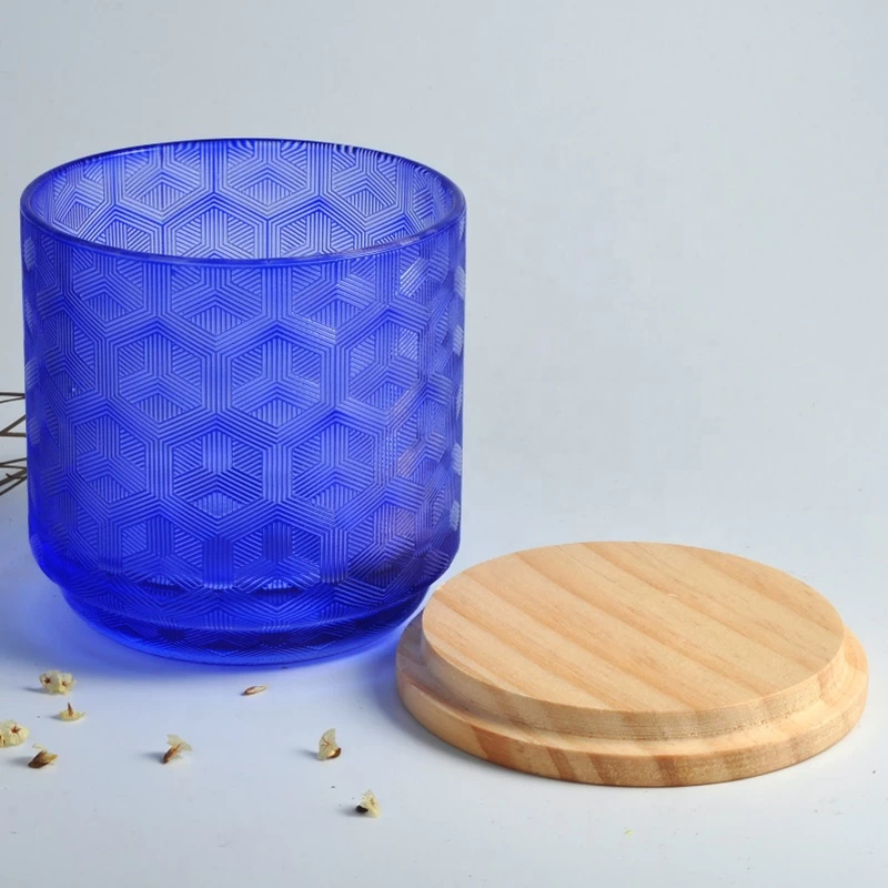 Wholesales round laser electroplated glass candle jar with wood lid