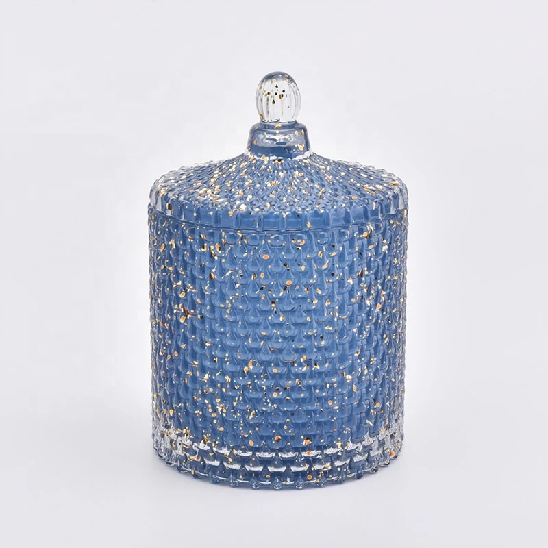 Unique blue embossed candle glass jar dome with lid