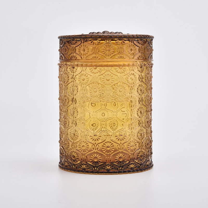 16oz flower pattern embossed glass candle holder with lid