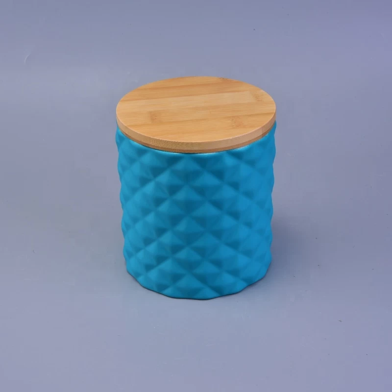 Customized colored geometric ceramic candle jar with wood lid