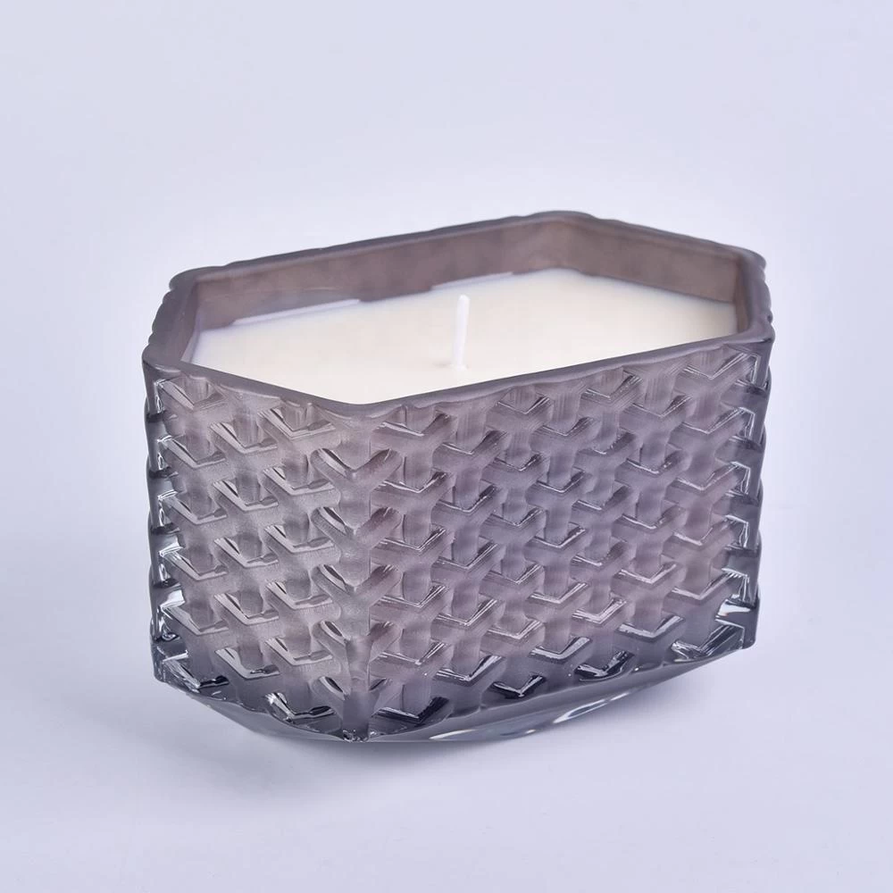 8oz 10oz Wholesales decorative Hexagon woven glass candle jar with wood lid
