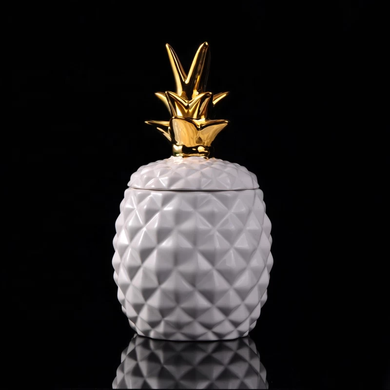 Hot sales luxury white gold pineapple ceramic candle holders with lid