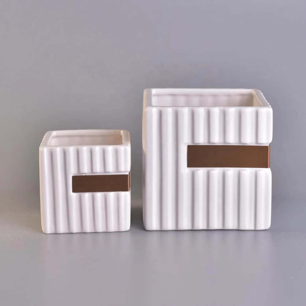 Wholesales stripe white square ceramic holder candle 10oz 12oz