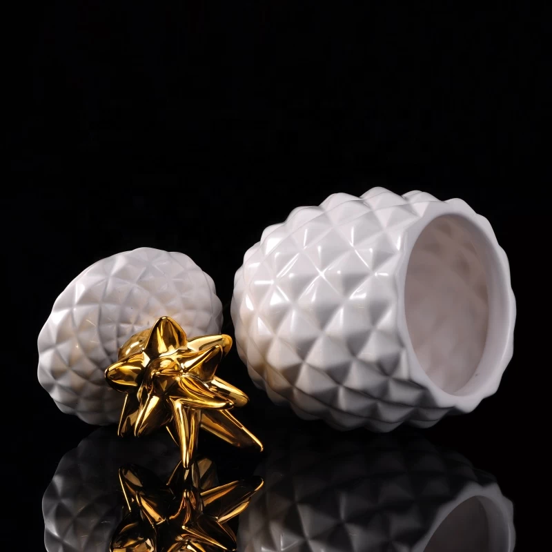 Hot sales luxury white gold pineapple ceramic candle holders with lid