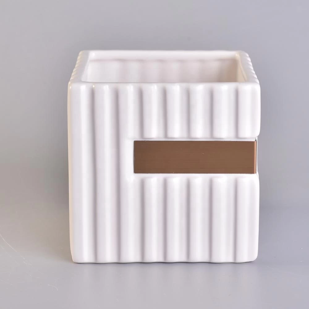 Wholesales stripe white square ceramic holder candle 10oz 12oz