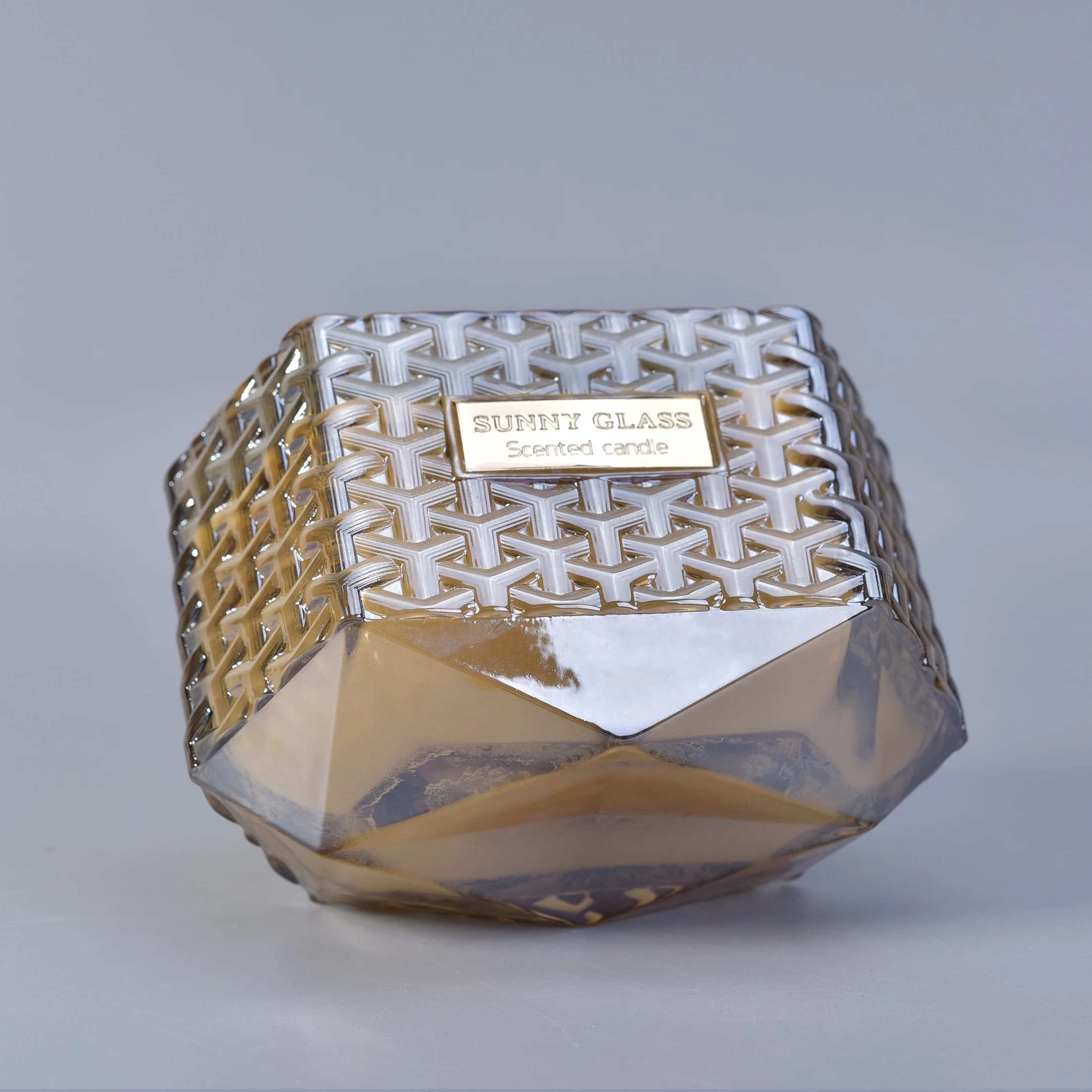 8oz 10oz luxury decorative gold woven glass candle jar with wood lid