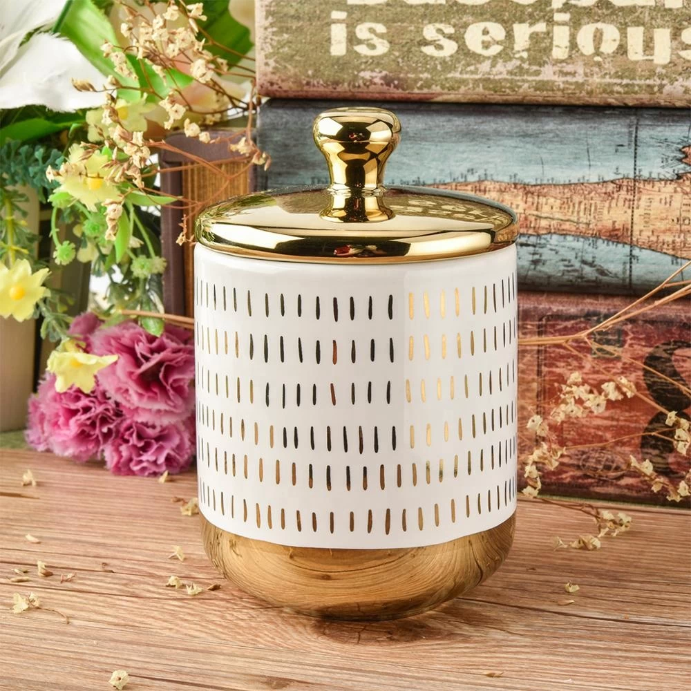 Customized electroplate ceramic candle container with golden lid 10oz