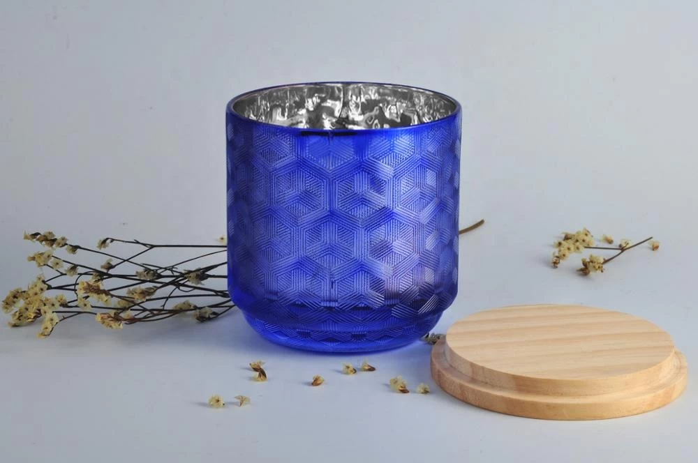 Wholesales round laser electroplated glass candle jar with wood lid