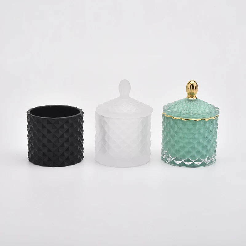 luxury diamond-cut pure glass candle holders with lids
