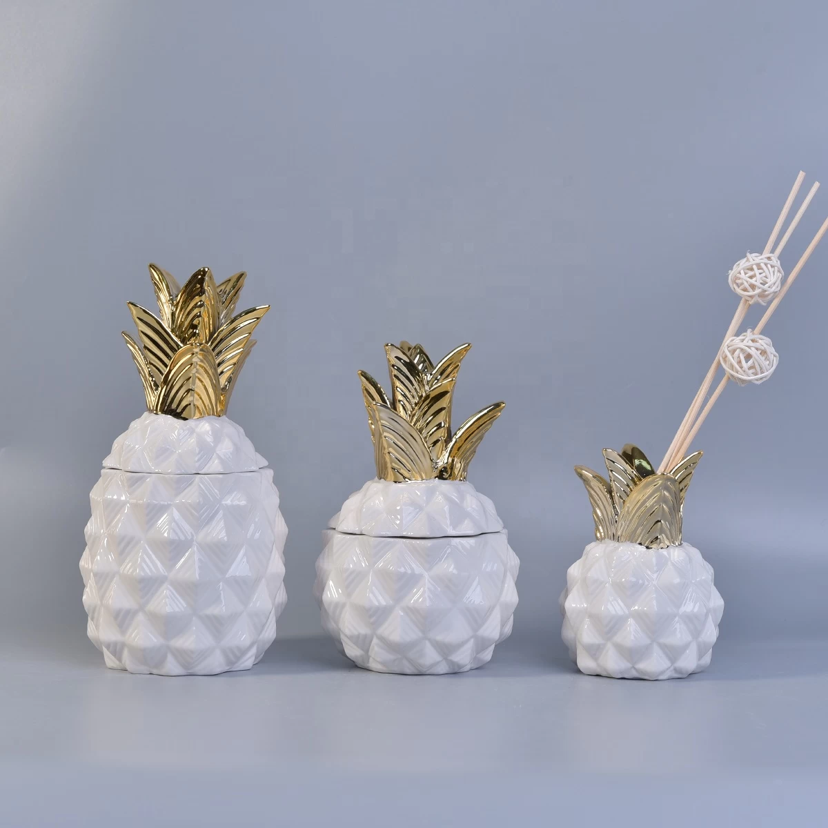 Sunny pineapple white handmade candle ceramic vessel with gold lid
