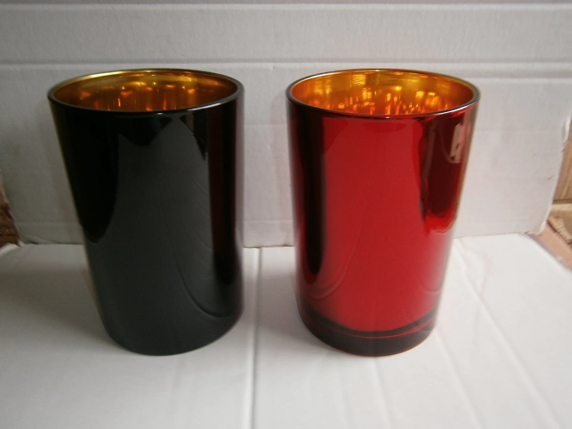 Large votive glass candle jar with gold and black color