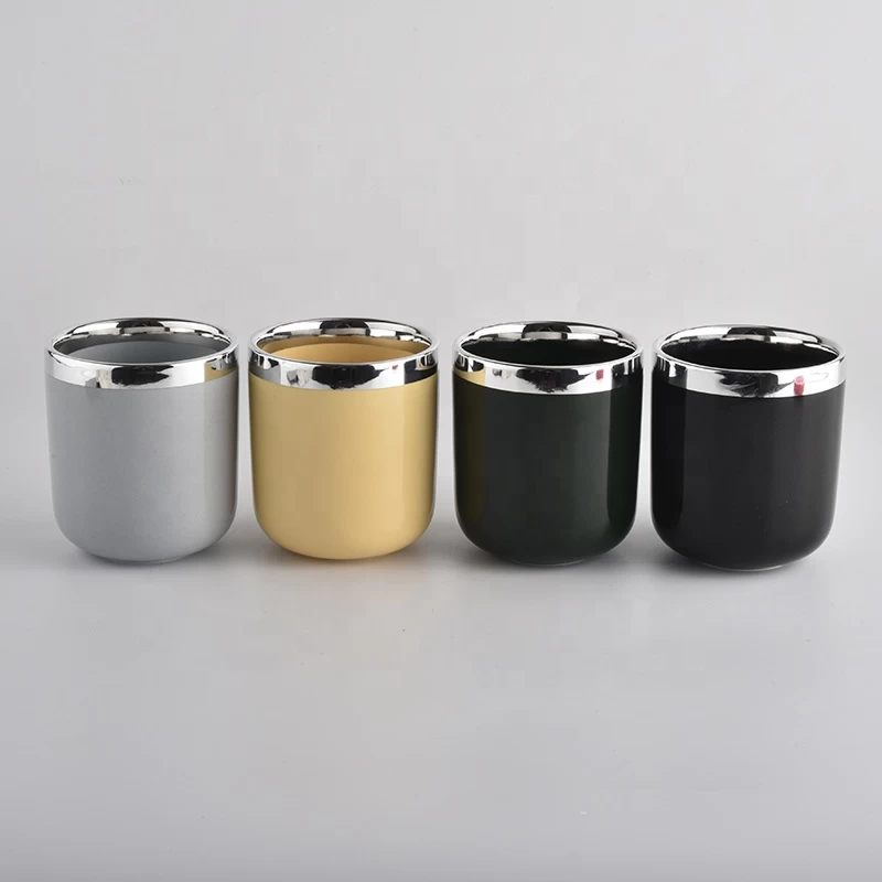 wholesale glazing color ceramic candle jars with silver rim