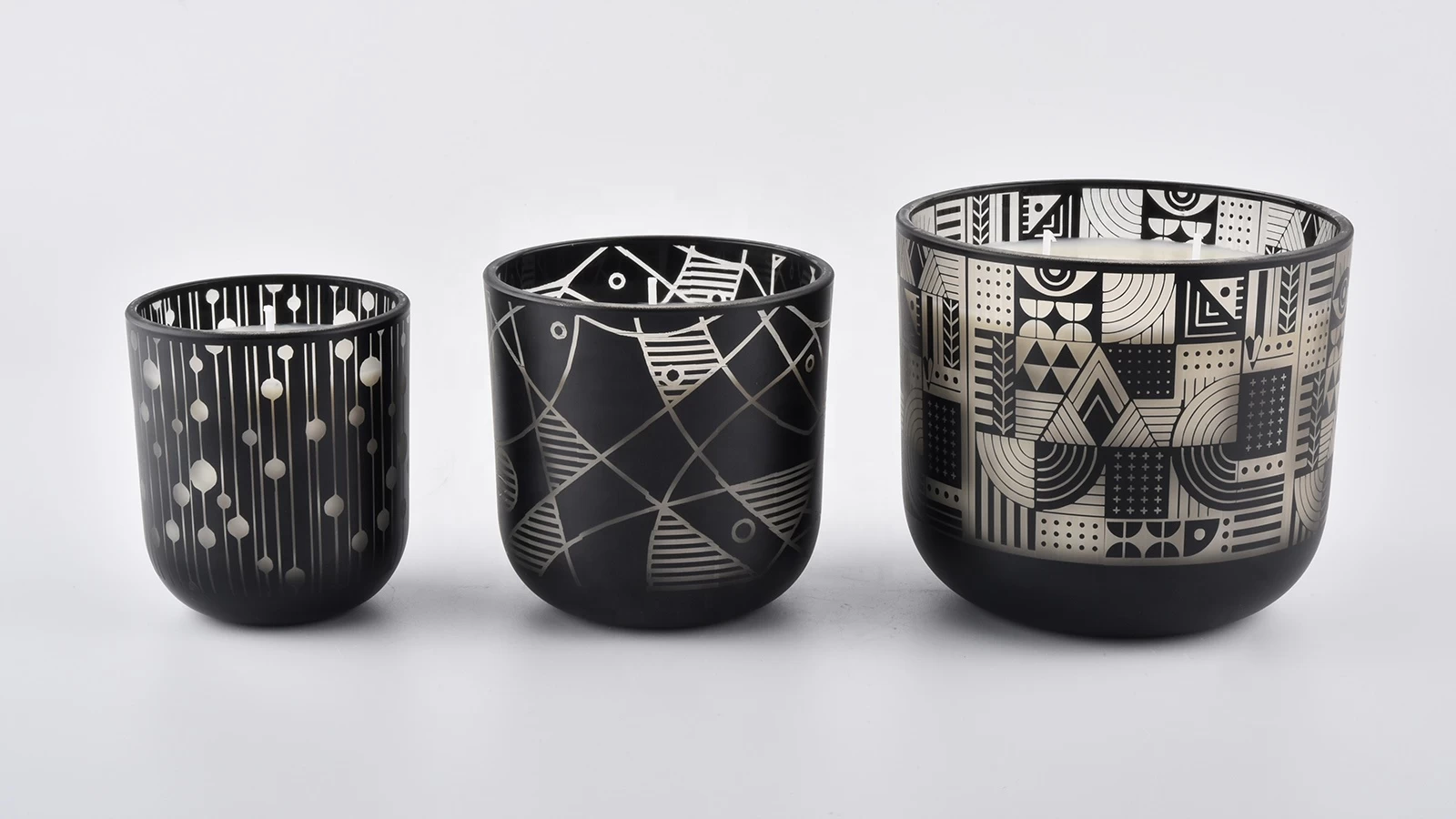 Matte black glass candle jars with laser engraving pattern
