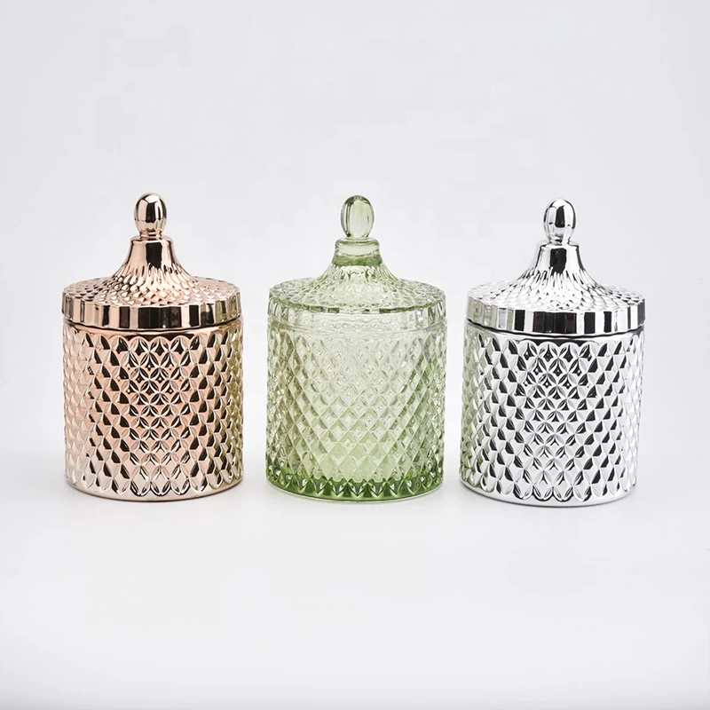 luxury embossed glass candle jar with lid geo cut glass candle jar