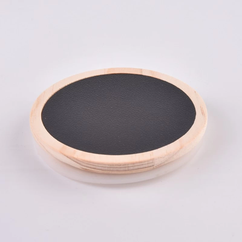 Custom Logo Custom Round Leather Covers Wood Lid For Candle Jar Glass
