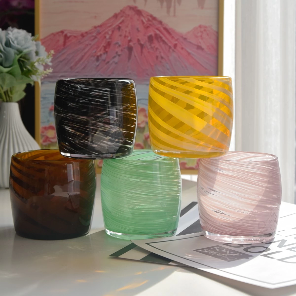 Custom nordic multi-colored glass candle jar home decor