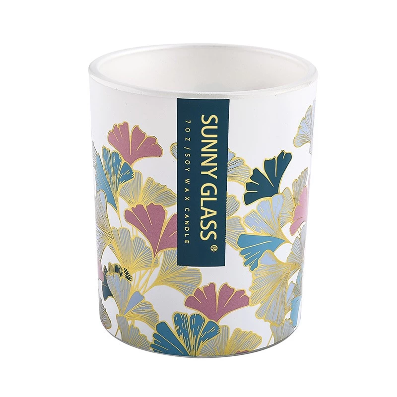 Supplier 8oz 10oz colored gingko leaf decal paper pattern glass candle jar with box