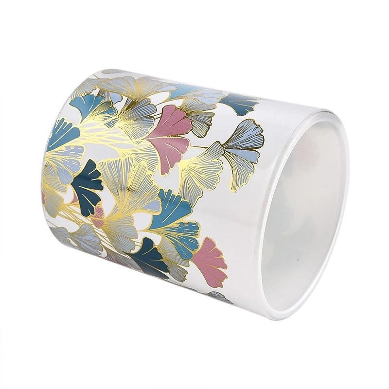 Supplier 8oz 10oz colored gingko leaf decal paper pattern glass candle jar with box