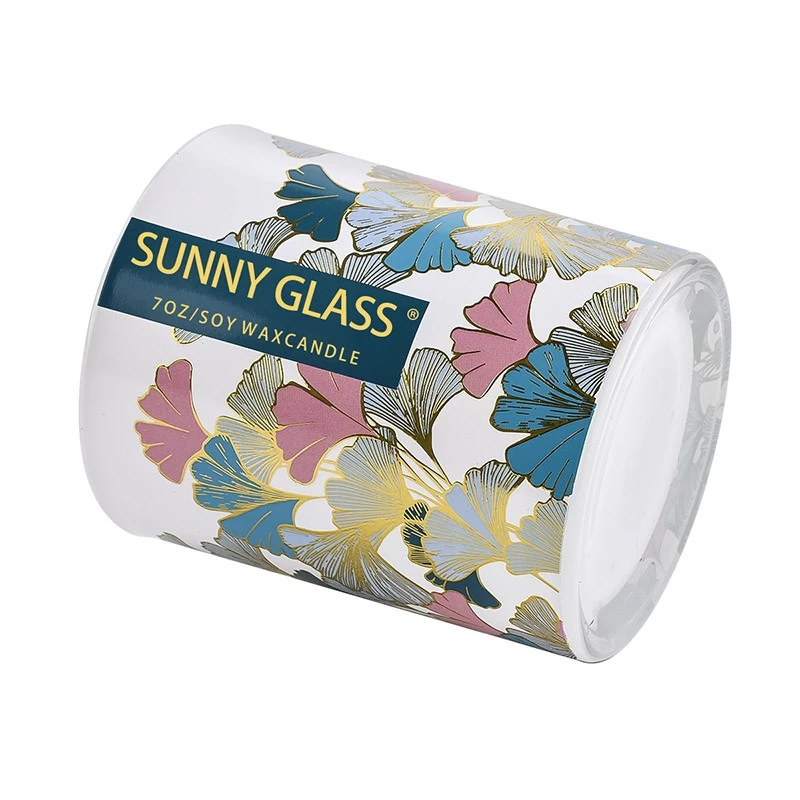 Supplier 8oz 10oz colored gingko leaf decal paper pattern glass candle jar with box